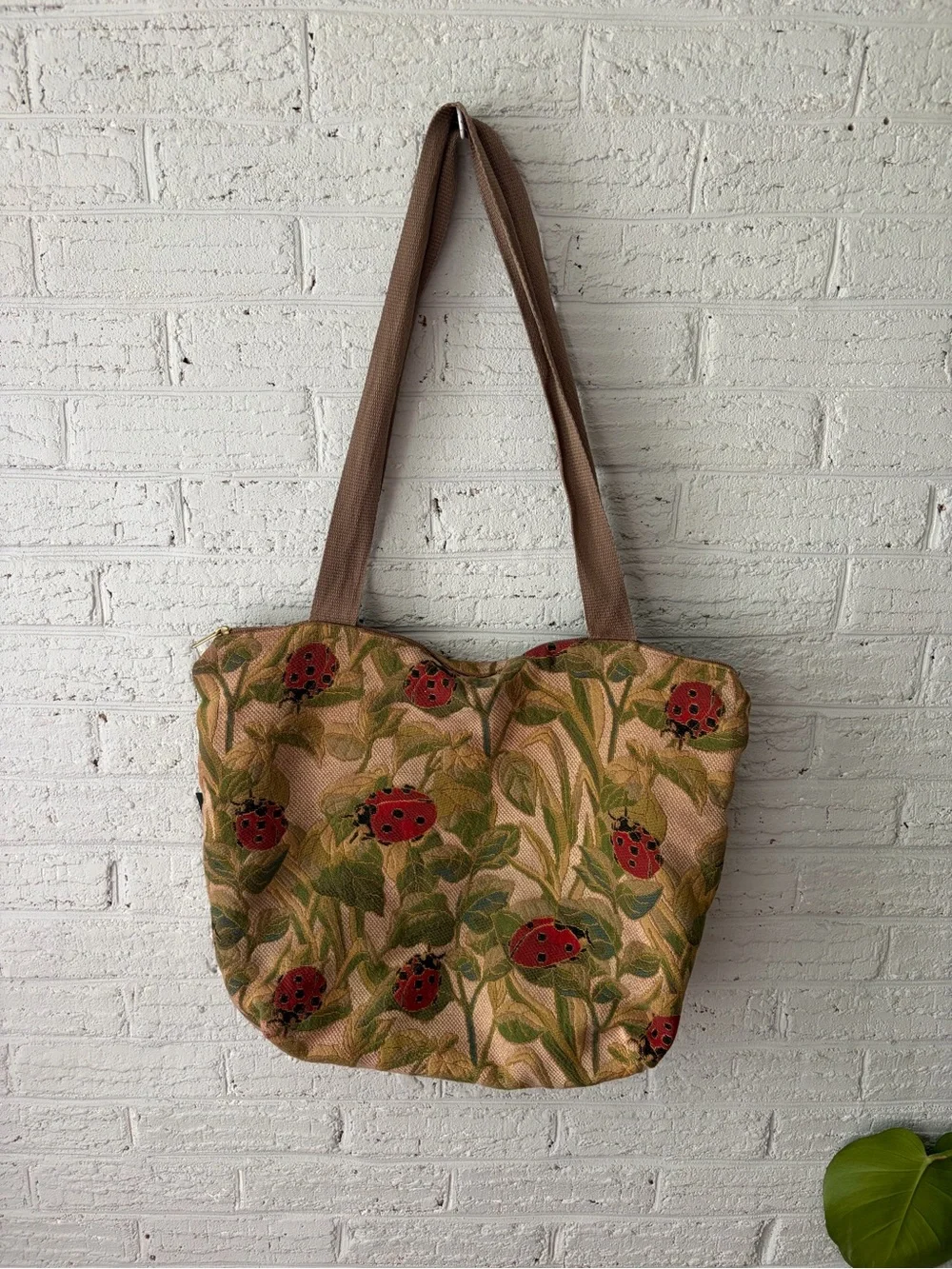 Ladybug Print Shoulder Tote Bag in Brown and Red
